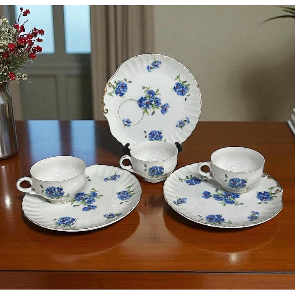 VTG Norcrest‎ BLUE CORNFLOWER 7/125 Snack Plate & Cup Set 6 Pieces SERVICE FOR 3
